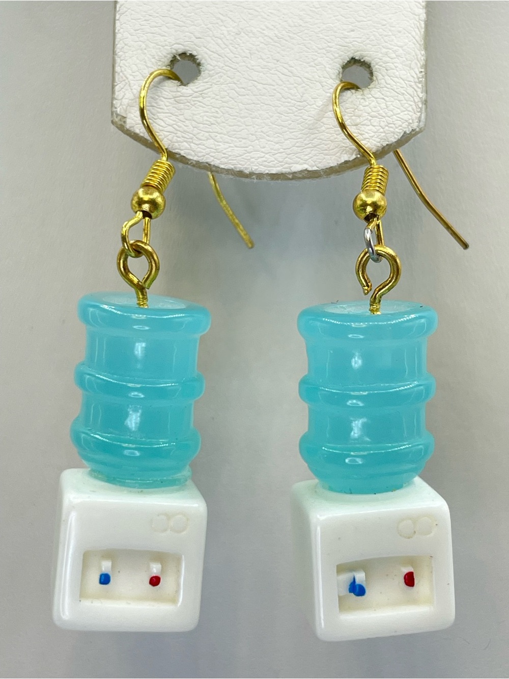 Gold Tone Blue White Acrylic Water Cooler Dangle Earrings Novelty Statement